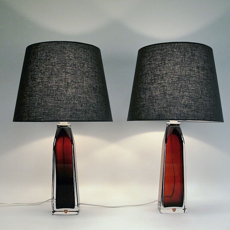 Paire de lampes de table vintage en verre rouge par Carl Fagerlund pour Orrefors, Suède 1960