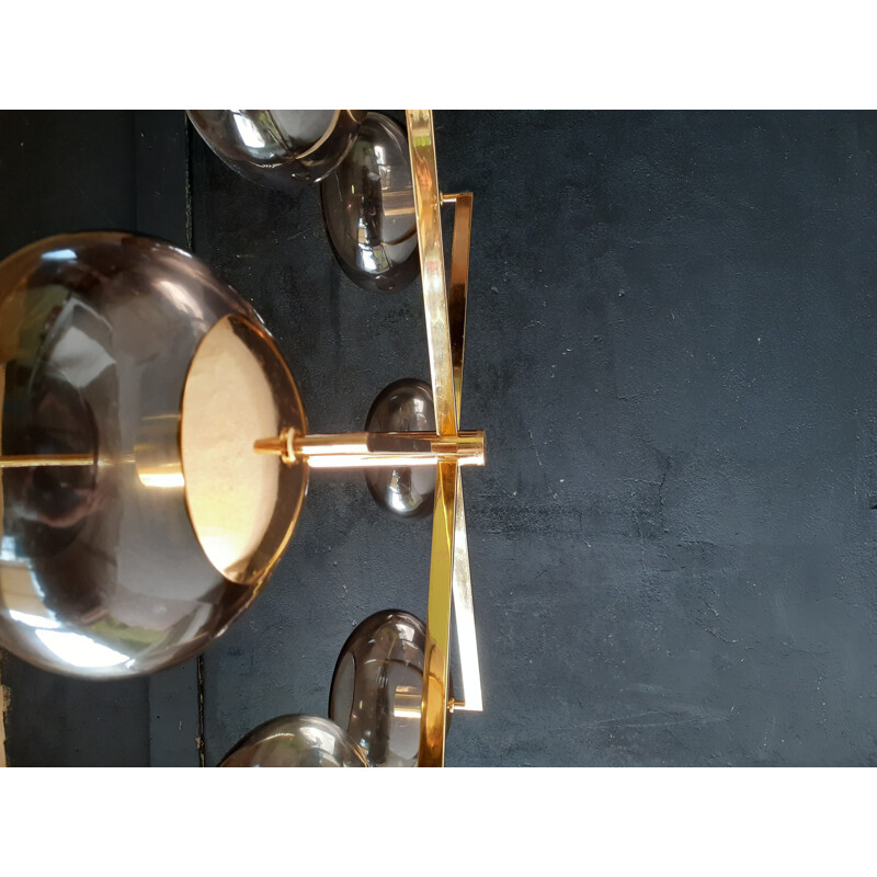 Vintage chandelier with 6 lights in brass and smoked glass by Gaetano Sciolari, 1970