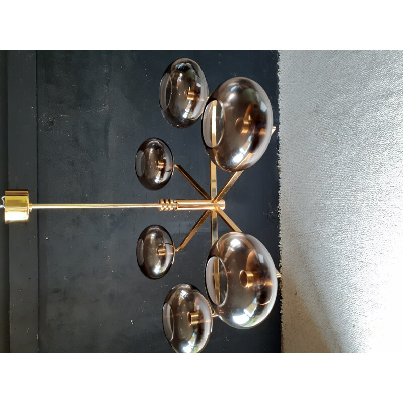 Vintage chandelier with 6 lights in brass and smoked glass by Gaetano Sciolari, 1970