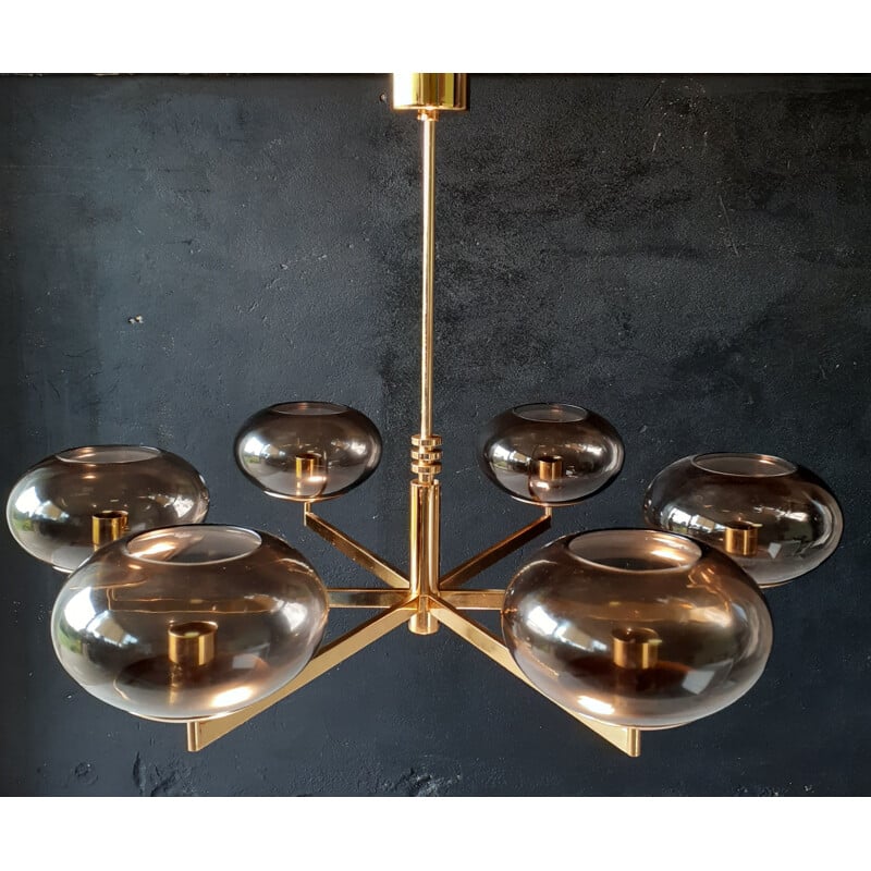 Vintage chandelier with 6 lights in brass and smoked glass by Gaetano Sciolari, 1970