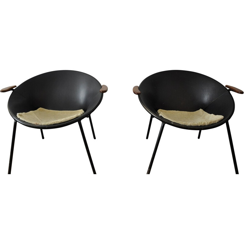 Pair of "Balloon" chairs in leather and metal, Hans OLSEN - 1950s