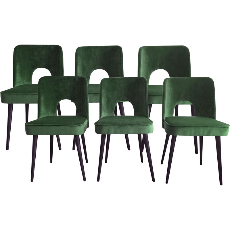 Set of 6 vintage green velvet shell dining chairs by Lesniewski for Słupskie Fabryki Mebli, Poland 1962