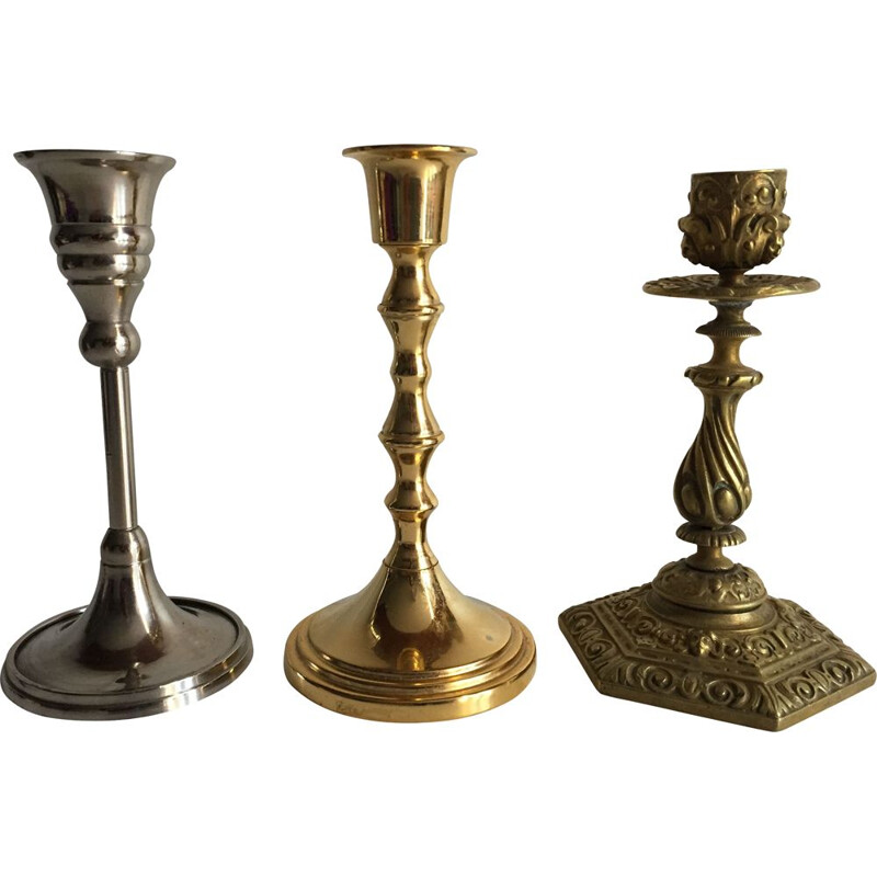 Set of 3 vintage deco candlesticks in solid brass