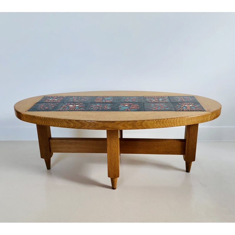 Vintage oval coffee table in solid light oak by Guillerme and Chambron, France 1960