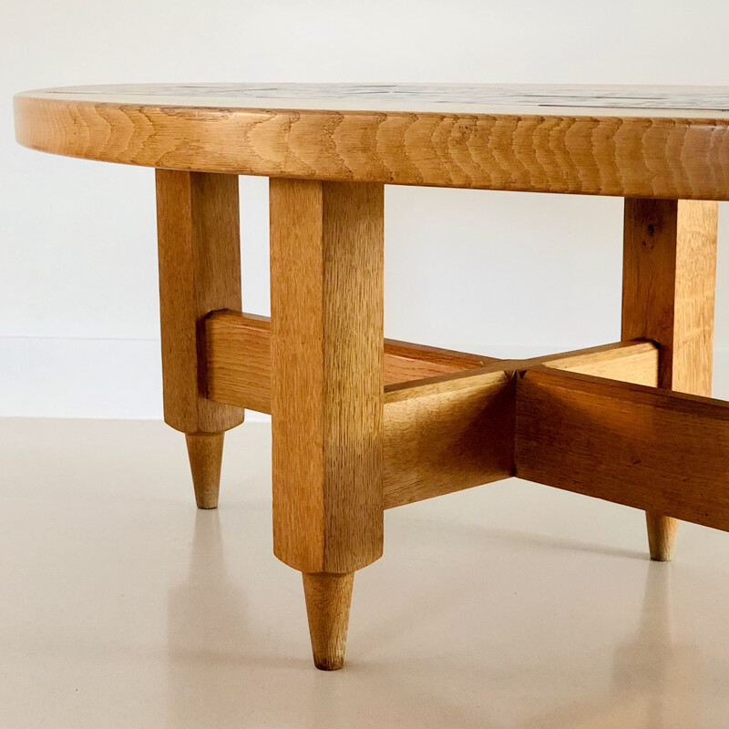 Vintage oval coffee table in solid light oak by Guillerme and Chambron, France 1960