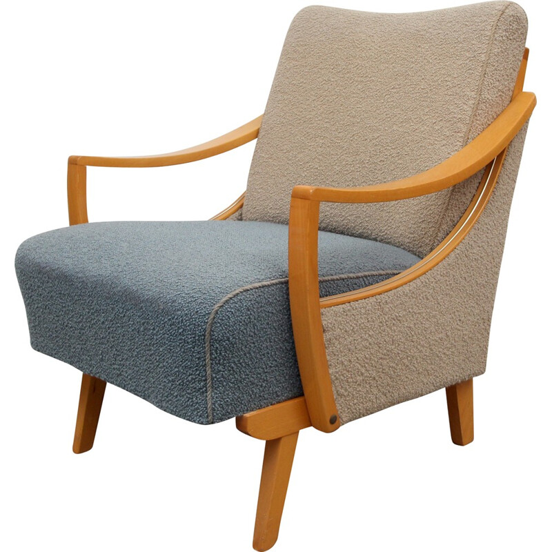 Bicolor blue and beige armchair in wood - 1950s