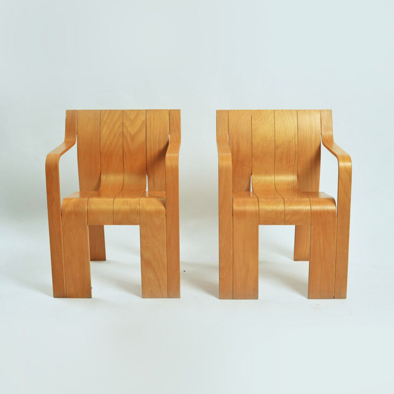 Pair of vintage strip chairs with armrests by Gijs Bakker, 1960s