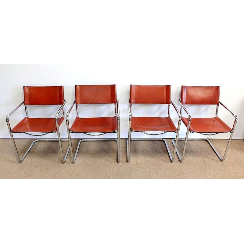 Set of 4 vintage leather and chrome metal armchairs by Matteo Grassi, 1960