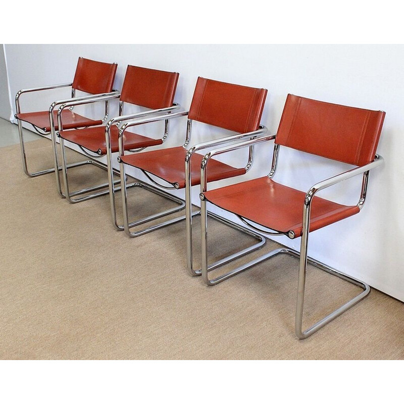 Conjunto de 4 sillones vintage de cuero y metal cromado de Matteo Grassi, 1960