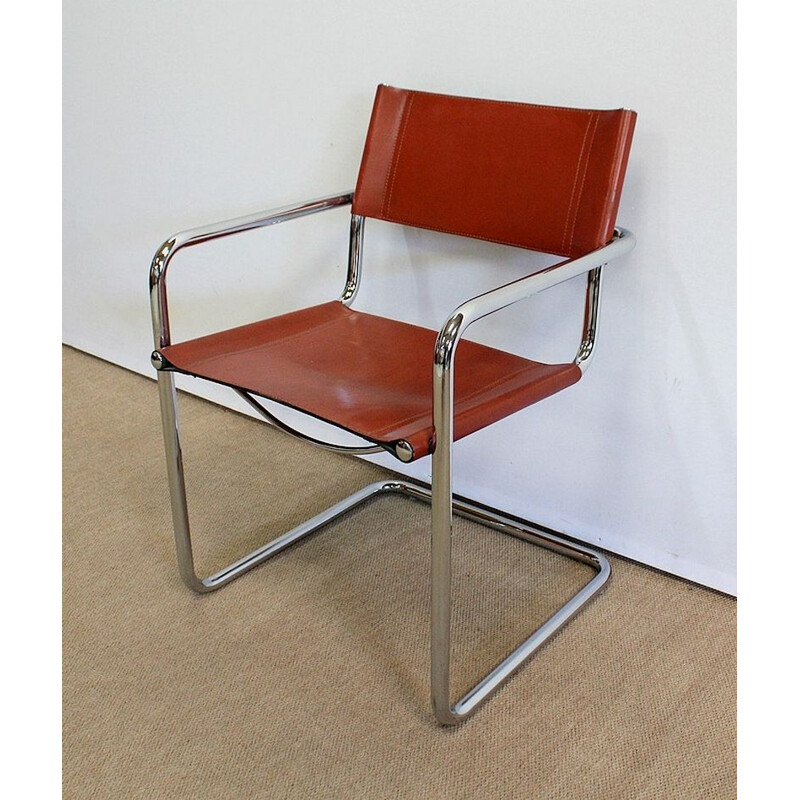 Conjunto de 4 sillones vintage de cuero y metal cromado de Matteo Grassi, 1960