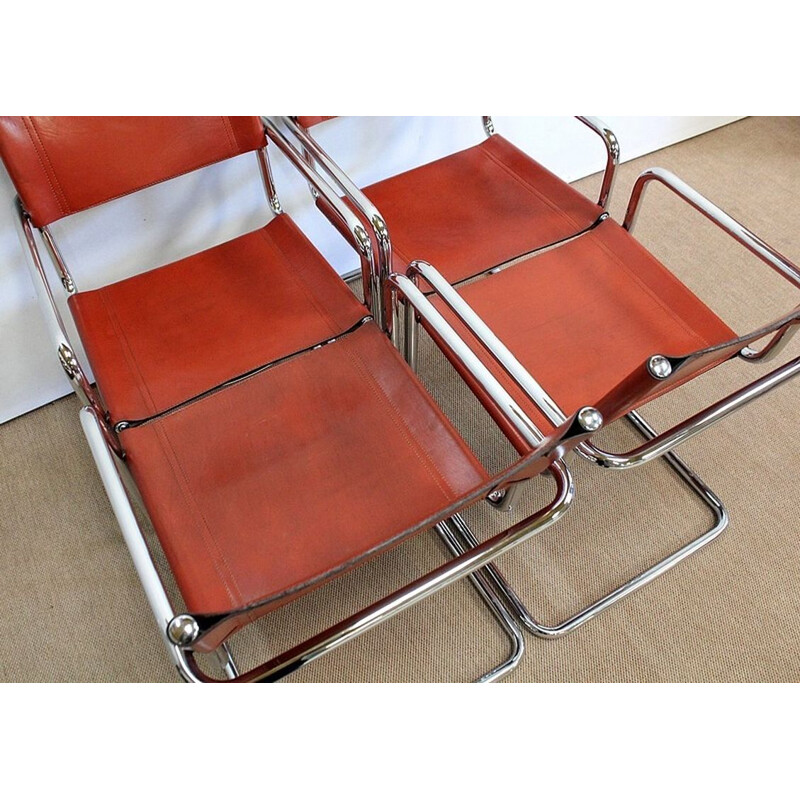 Set van 4 vintage leren en verchroomde metalen fauteuils van Matteo Grassi, 1960