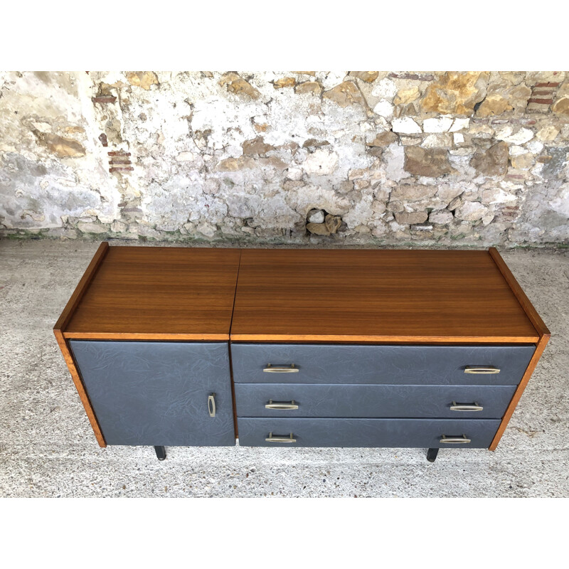 Vintage teak and grey skai chest of drawers by Roger Landault, 1960