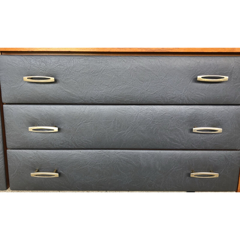 Vintage teak and grey skai chest of drawers by Roger Landault, 1960