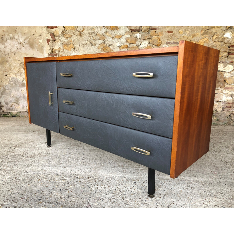 Vintage teak and grey skai chest of drawers by Roger Landault, 1960