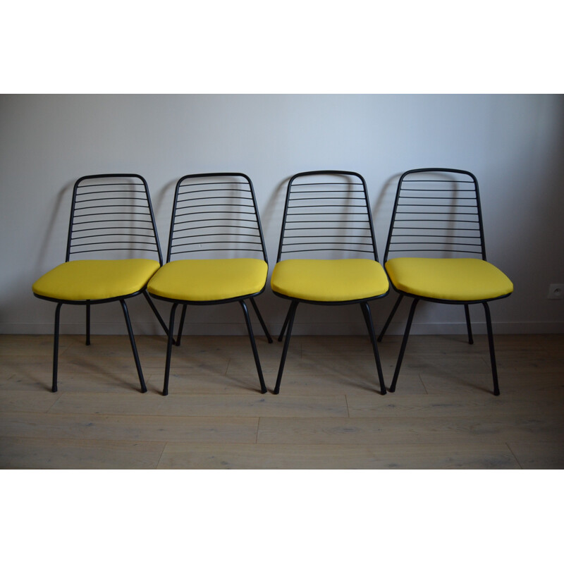 Set of 4 chairs in metal and yellow fabric, Jean-Louis BONNANT - 1956
