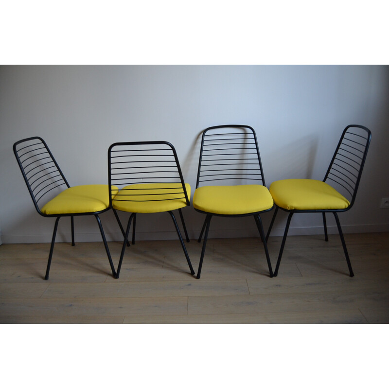 Set of 4 chairs in metal and yellow fabric, Jean-Louis BONNANT - 1956