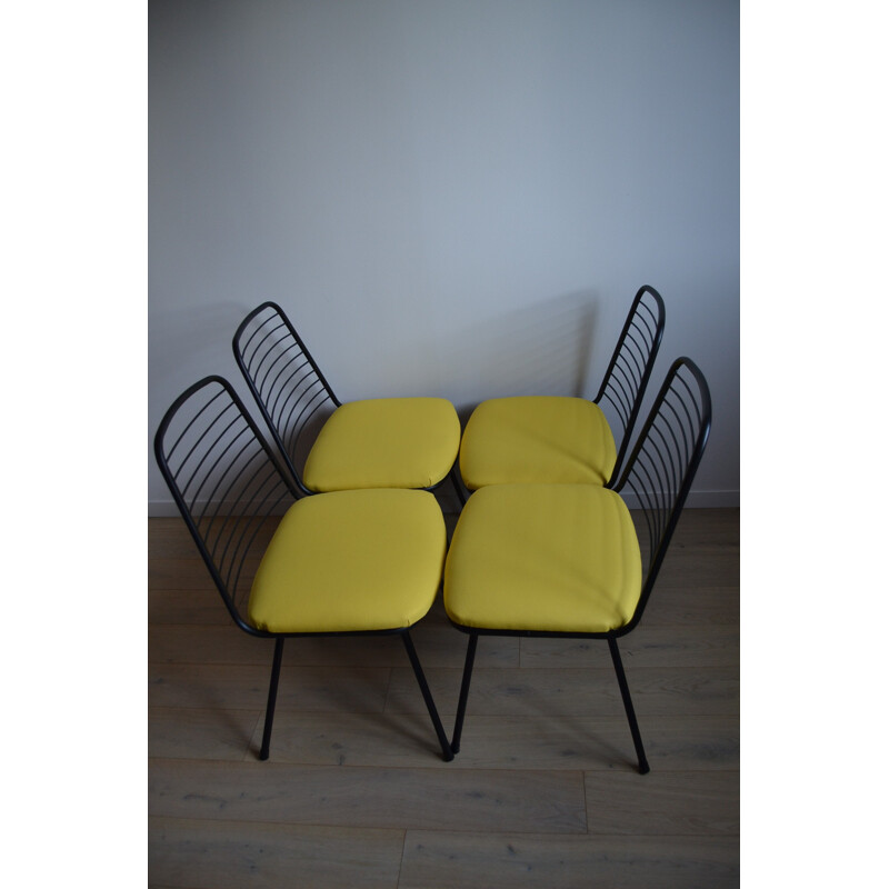 Set of 4 chairs in metal and yellow fabric, Jean-Louis BONNANT - 1956