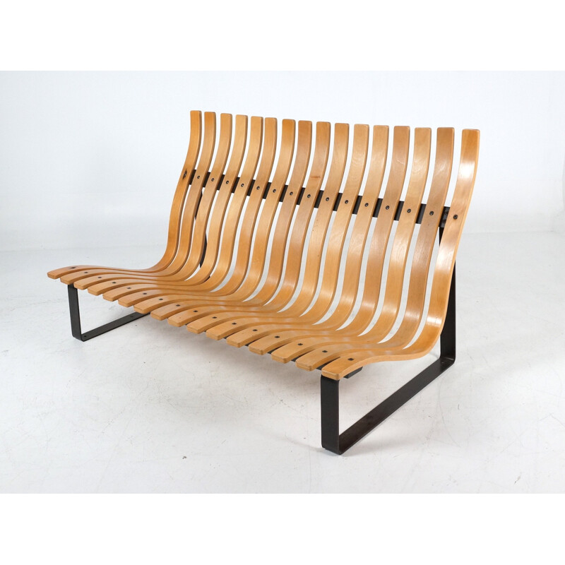 Artifort slatted bench in metal and plywood, Kho LIANG IE - 1960s