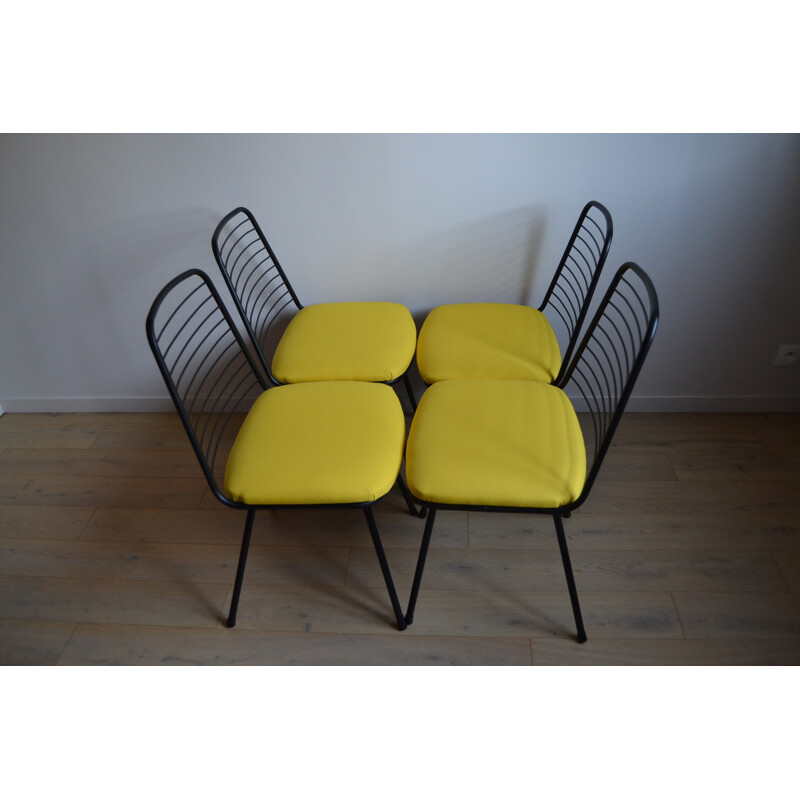 Set of 4 chairs in metal and yellow fabric, Jean-Louis BONNANT - 1956