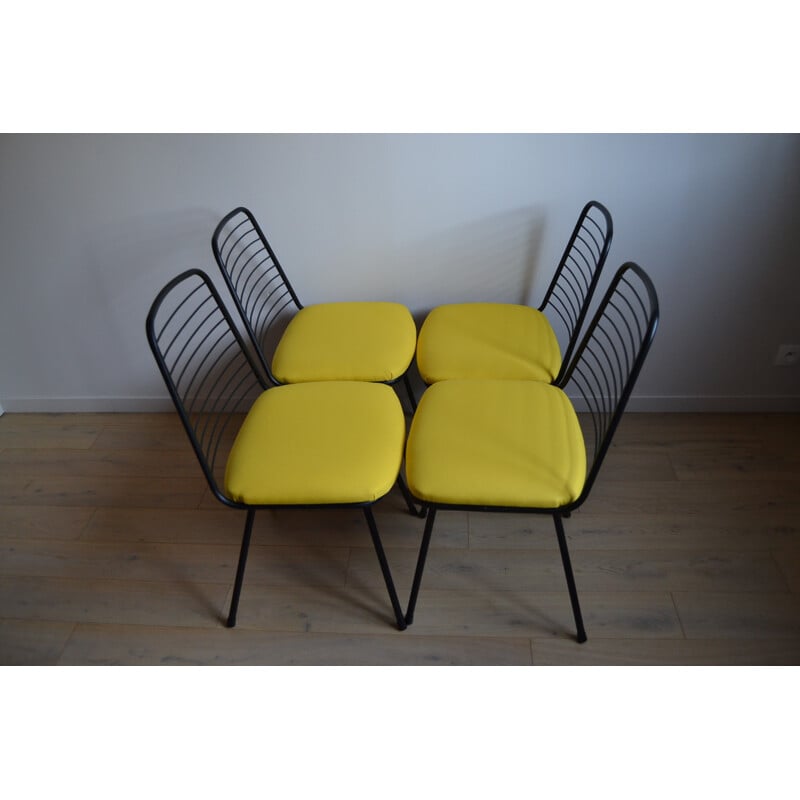 Série de 4 chaises en tissu jaune, Jean-Louis BONNANT - 1956