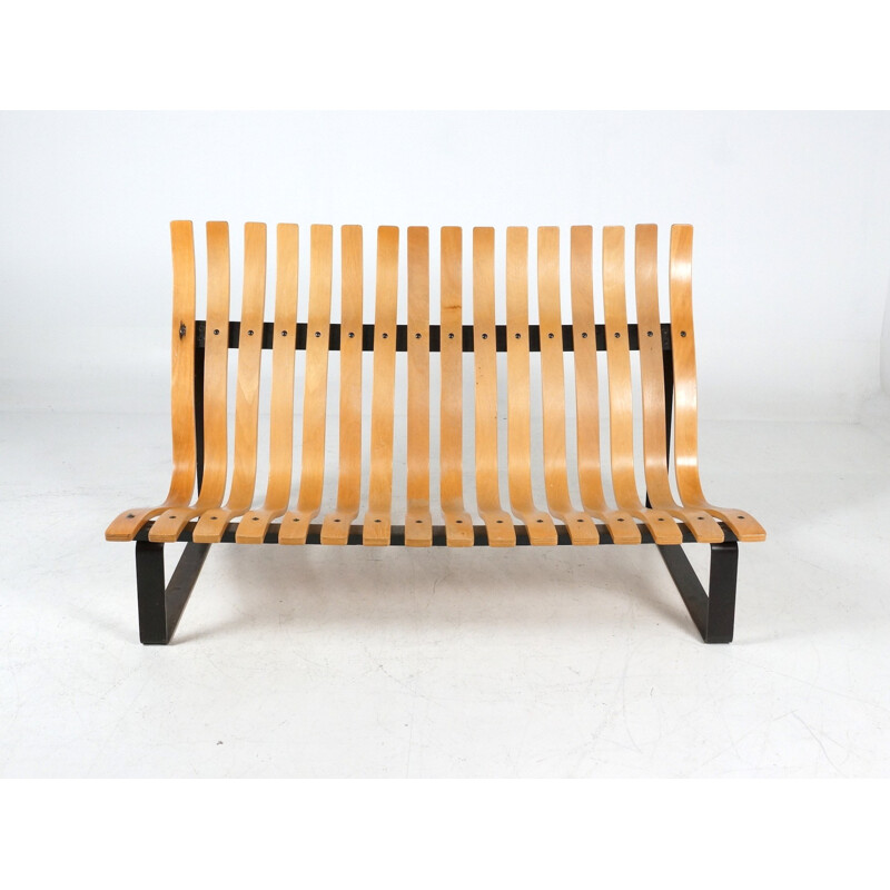 Artifort slatted bench in metal and plywood, Kho LIANG IE - 1960s