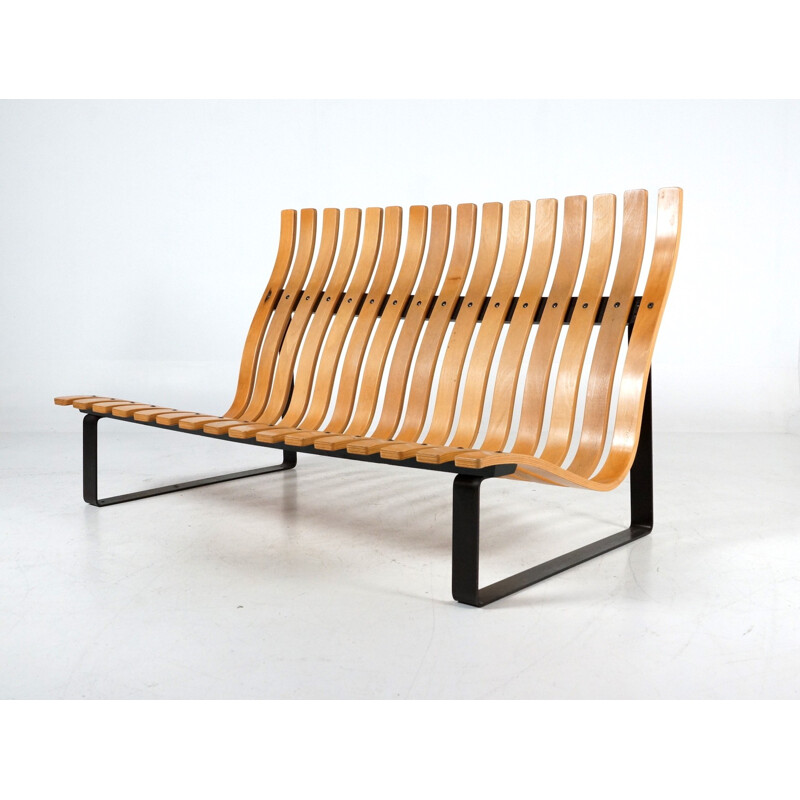 Artifort slatted bench in metal and plywood, Kho LIANG IE - 1960s