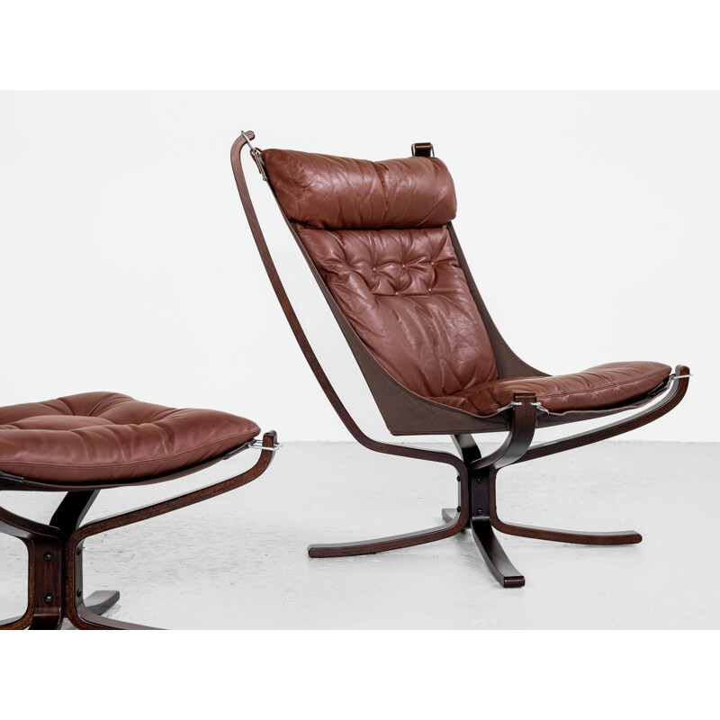 Vintage Falcon armchair and ottoman in cognac leather by Sigurd Ressell for Vatne Möbler, Norway 1970s