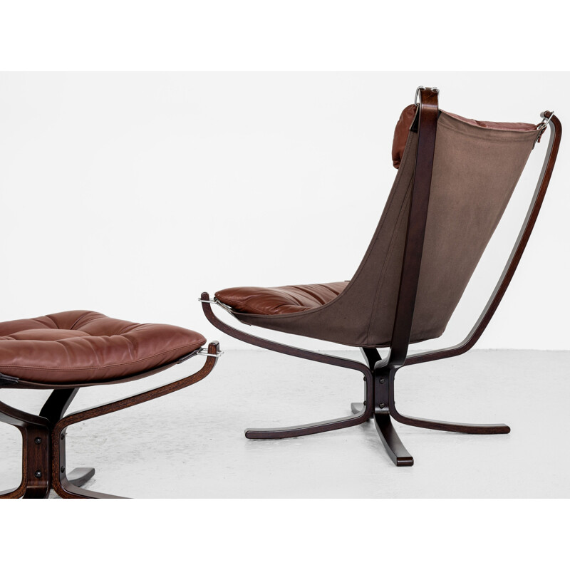 Vintage Falcon armchair and ottoman in cognac leather by Sigurd Ressell for Vatne Möbler, Norway 1970s