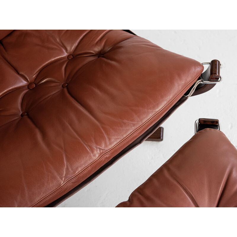 Vintage Falcon armchair and ottoman in cognac leather by Sigurd Ressell for Vatne Möbler, Norway 1970s