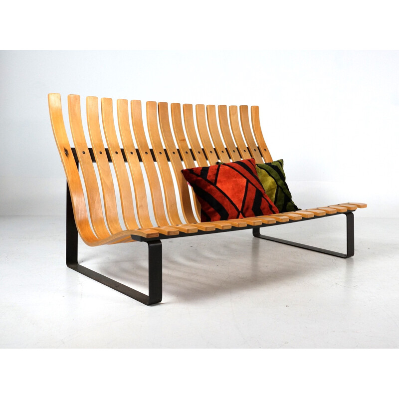 Artifort slatted bench in metal and plywood, Kho LIANG IE - 1960s