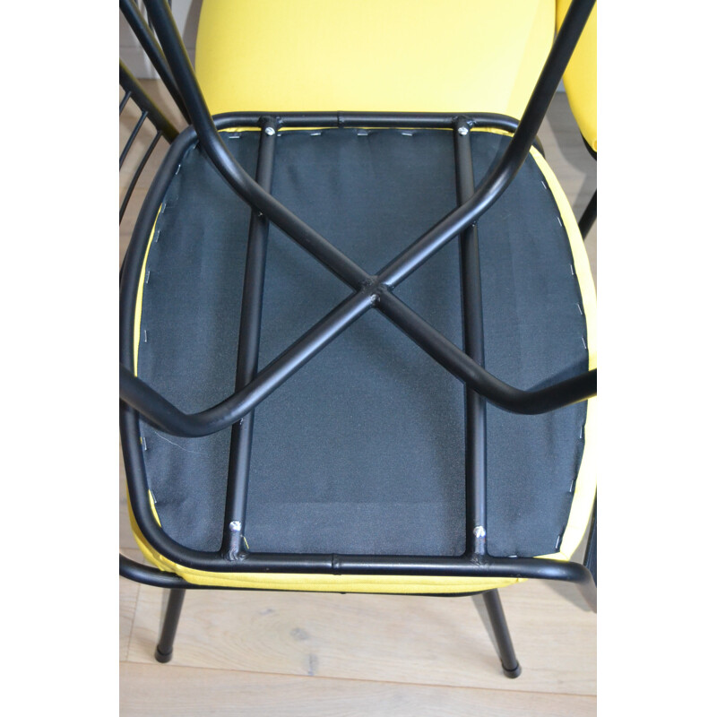 Set of 4 chairs in metal and yellow fabric, Jean-Louis BONNANT - 1956