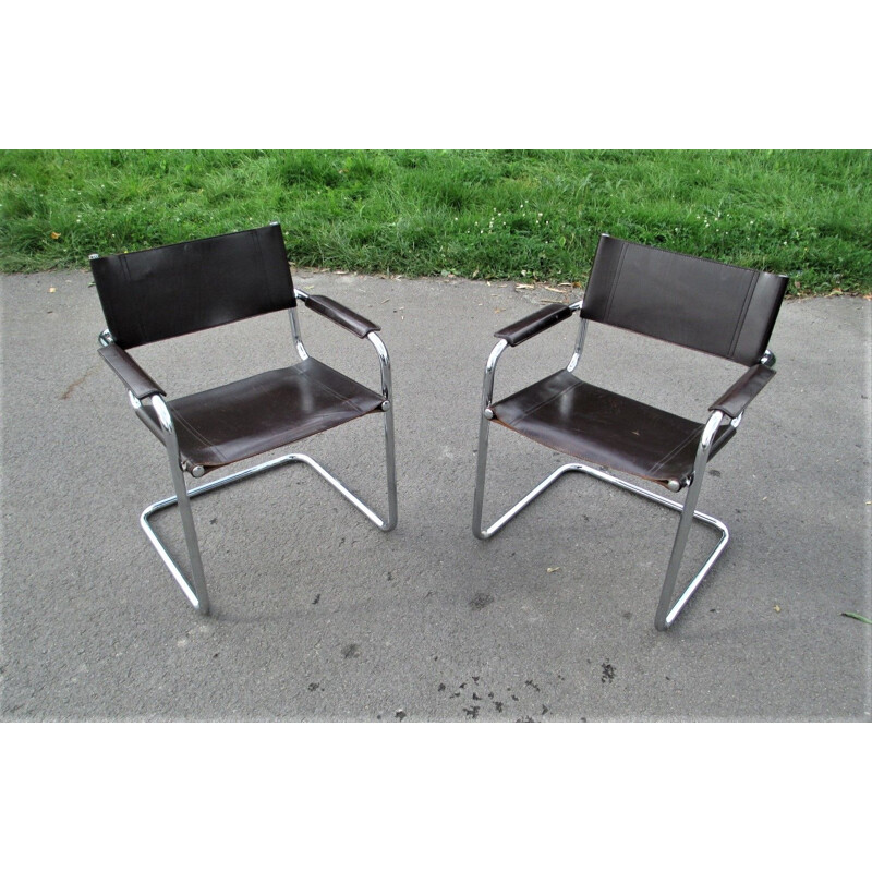Pair of vintage metal and leather armchairs, 1970s
