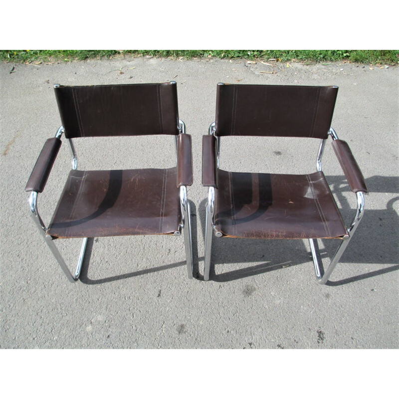 Paar vintage metalen en lederen fauteuils, 1970