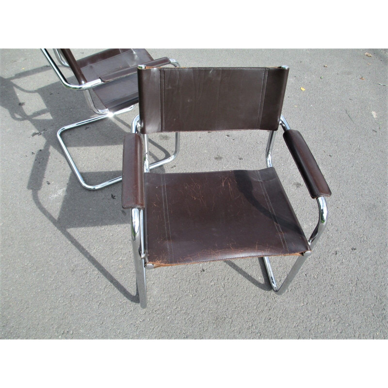 Paar vintage metalen en lederen fauteuils, 1970