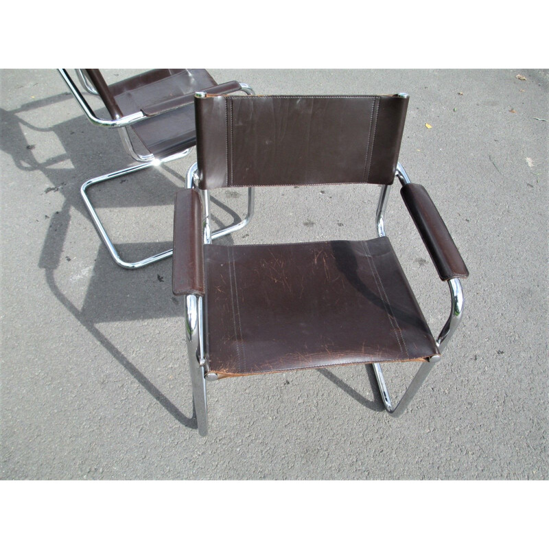 Pair of vintage metal and leather armchairs, 1970s