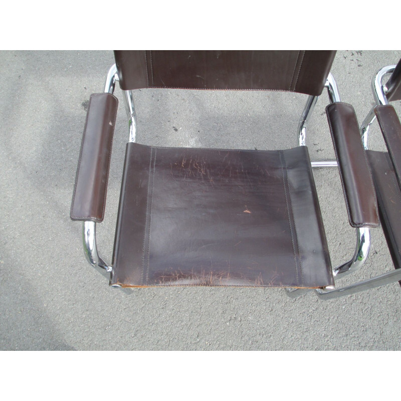 Pair of vintage metal and leather armchairs, 1970s