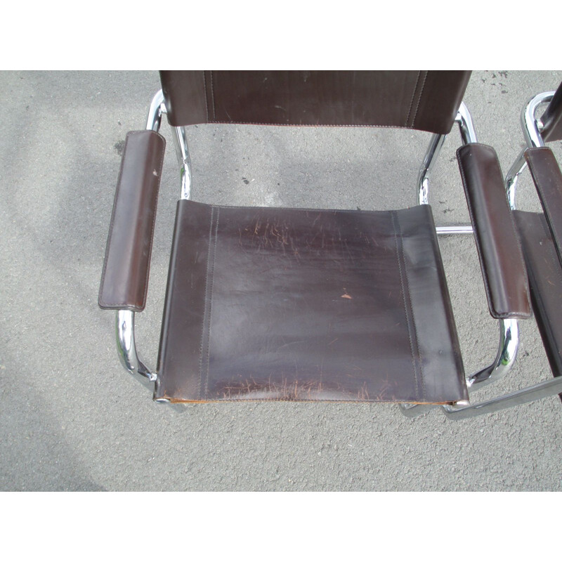 Pareja de sillones vintage de metal y cuero, 1970