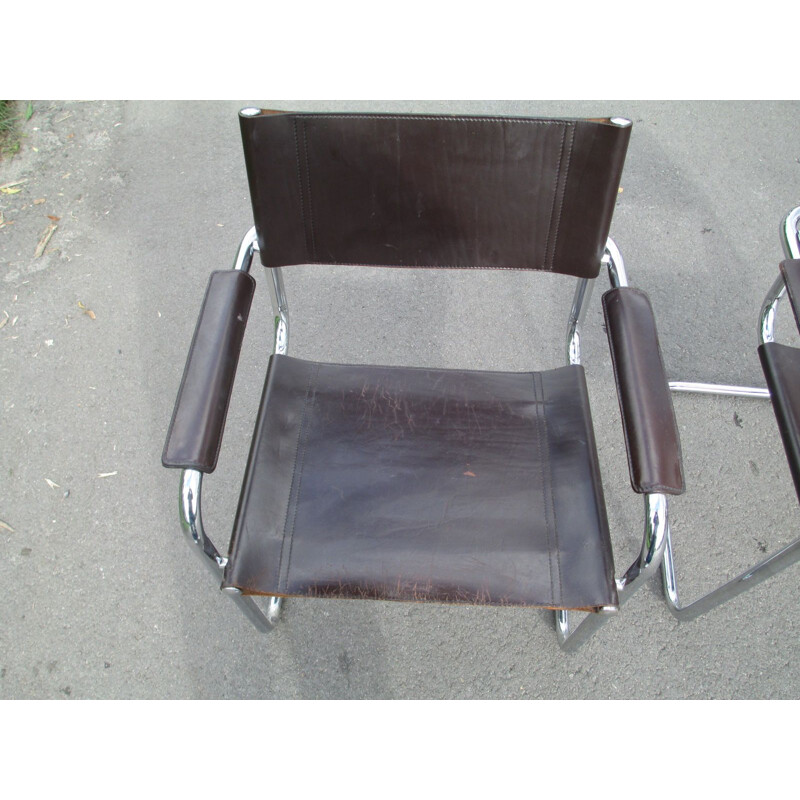 Paar vintage metalen en lederen fauteuils, 1970