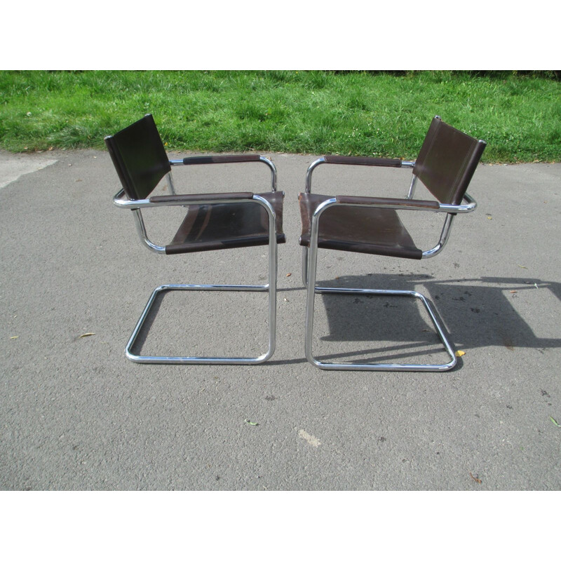 Pair of vintage metal and leather armchairs, 1970s