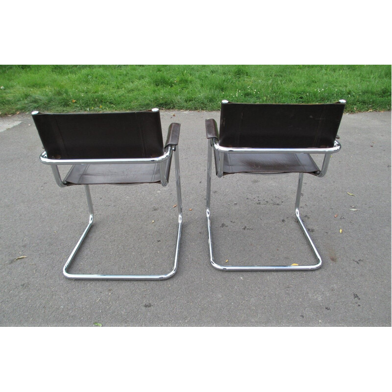Pair of vintage metal and leather armchairs, 1970s