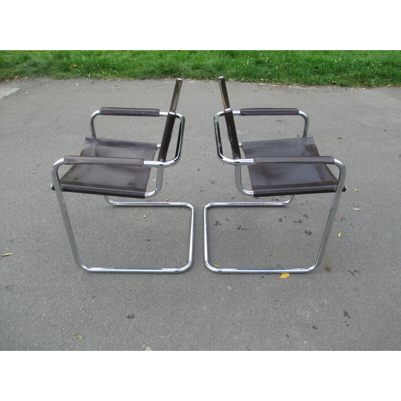 Paire de fauteuils vintage en métal et cuir, 1970