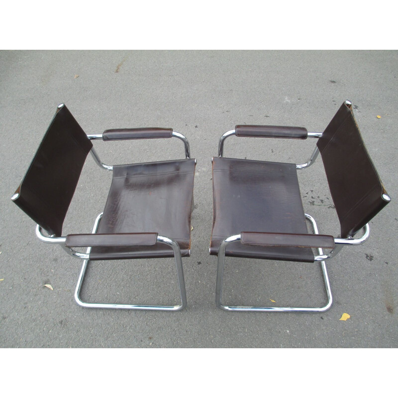 Paar vintage metalen en lederen fauteuils, 1970