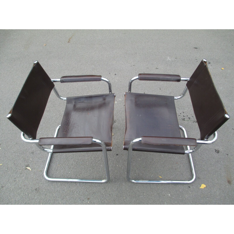 Pair of vintage metal and leather armchairs, 1970s