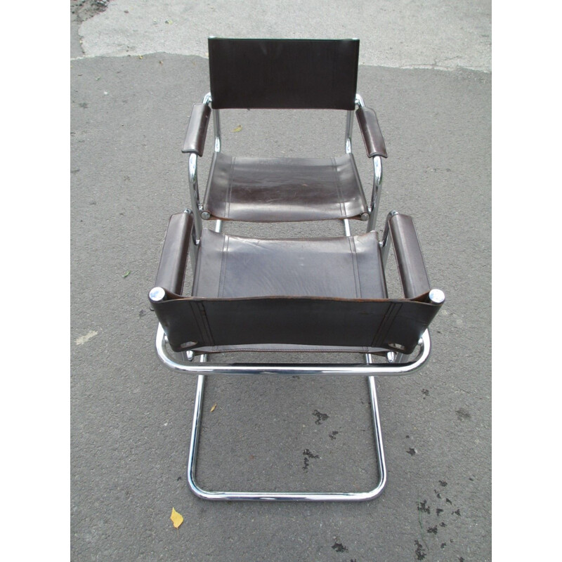 Paar vintage metalen en lederen fauteuils, 1970