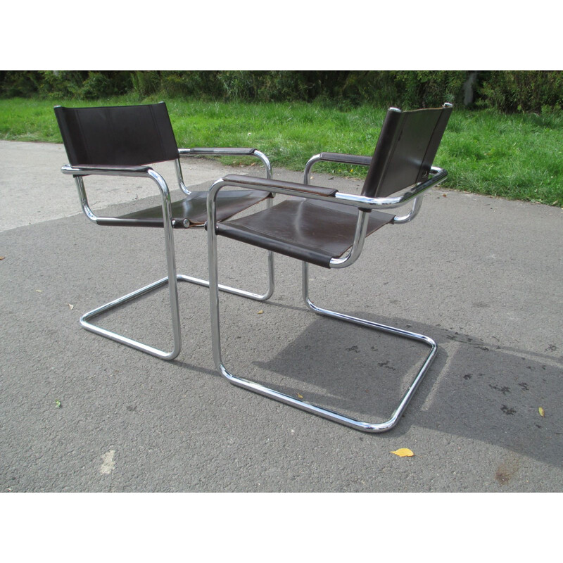 Pair of vintage metal and leather armchairs, 1970s