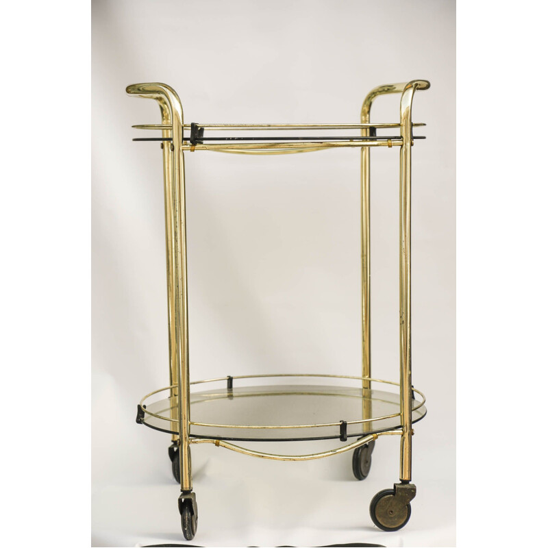 Round vintage trolley in gold brass and glass, Italy 1970