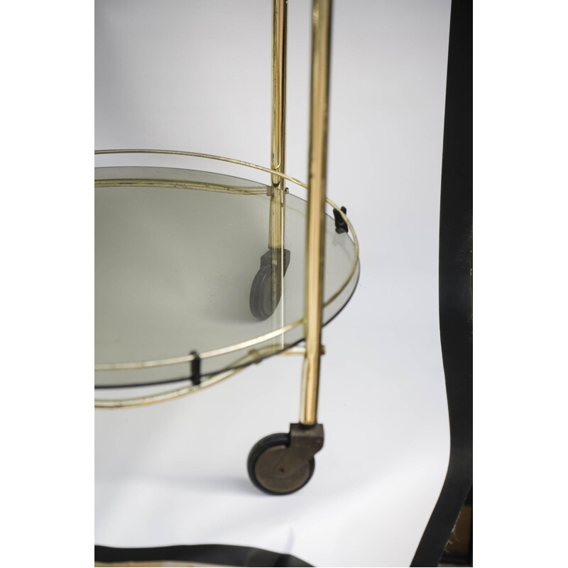 Round vintage trolley in gold brass and glass, Italy 1970