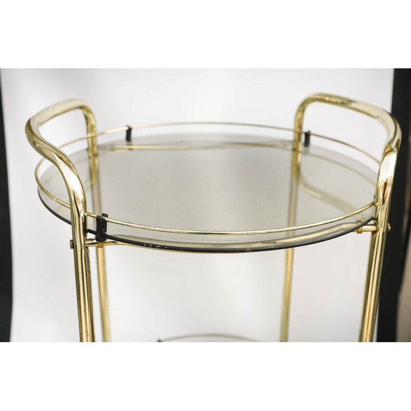 Round vintage trolley in gold brass and glass, Italy 1970