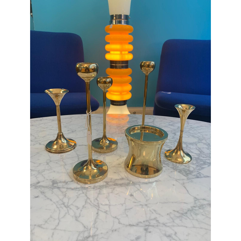 Set of 6 vintage F.W. brass candle holders, Denmark 1960