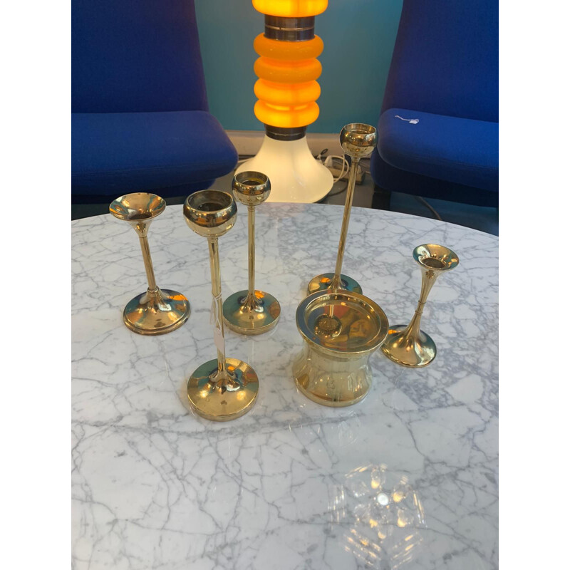 Set of 6 vintage F.W. brass candle holders, Denmark 1960